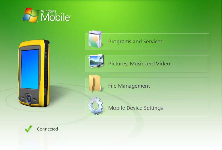 Windows Mobile Device Center menu showing the connected device